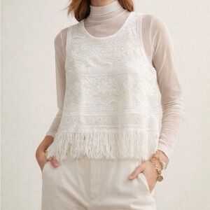 Women’s White Chelsea and Violet Crochet Lace Fringe Top Size Small